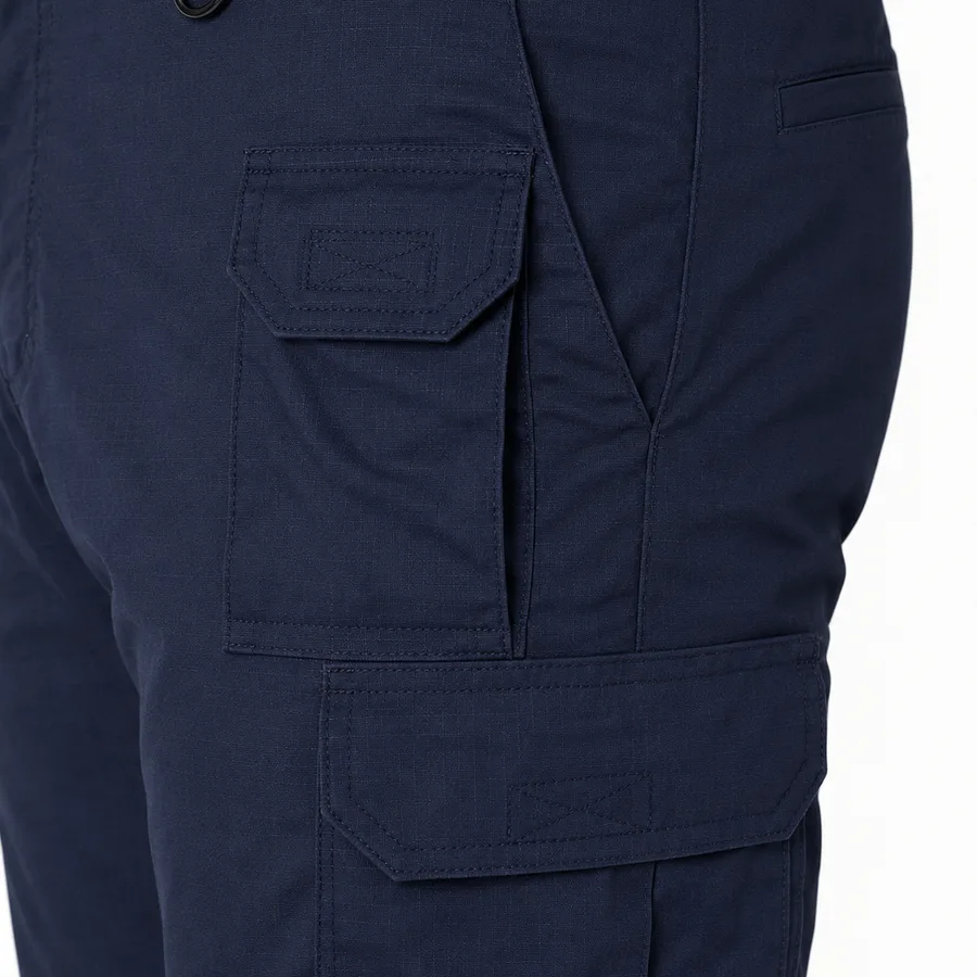 Navy tactical pants, close up