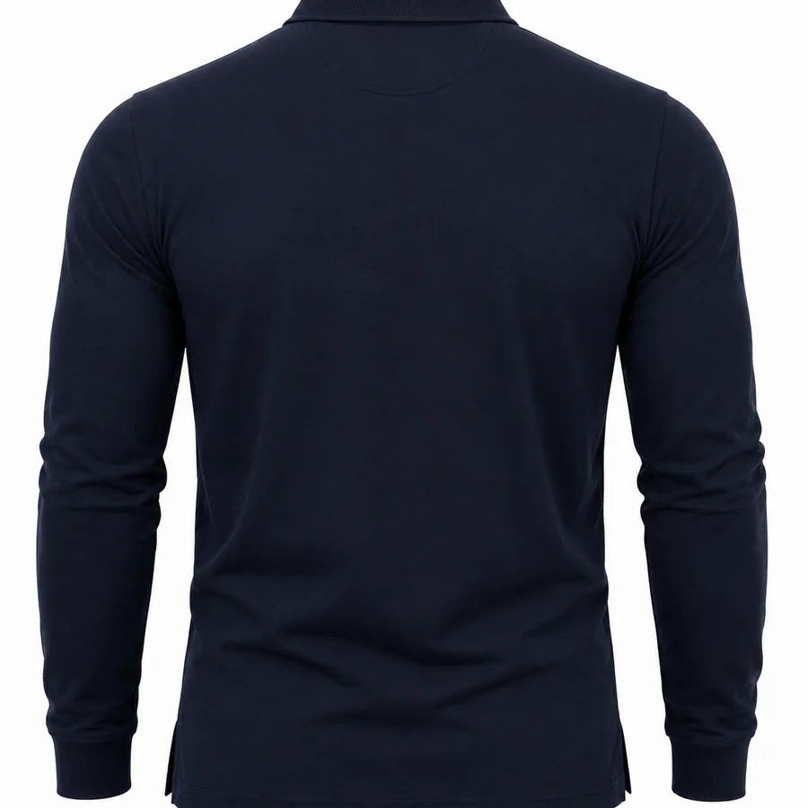 Navy long-sleeve polo, back view