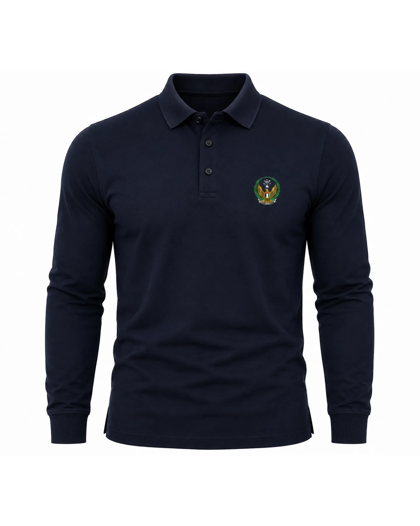 Navy long-sleeve polo, front view