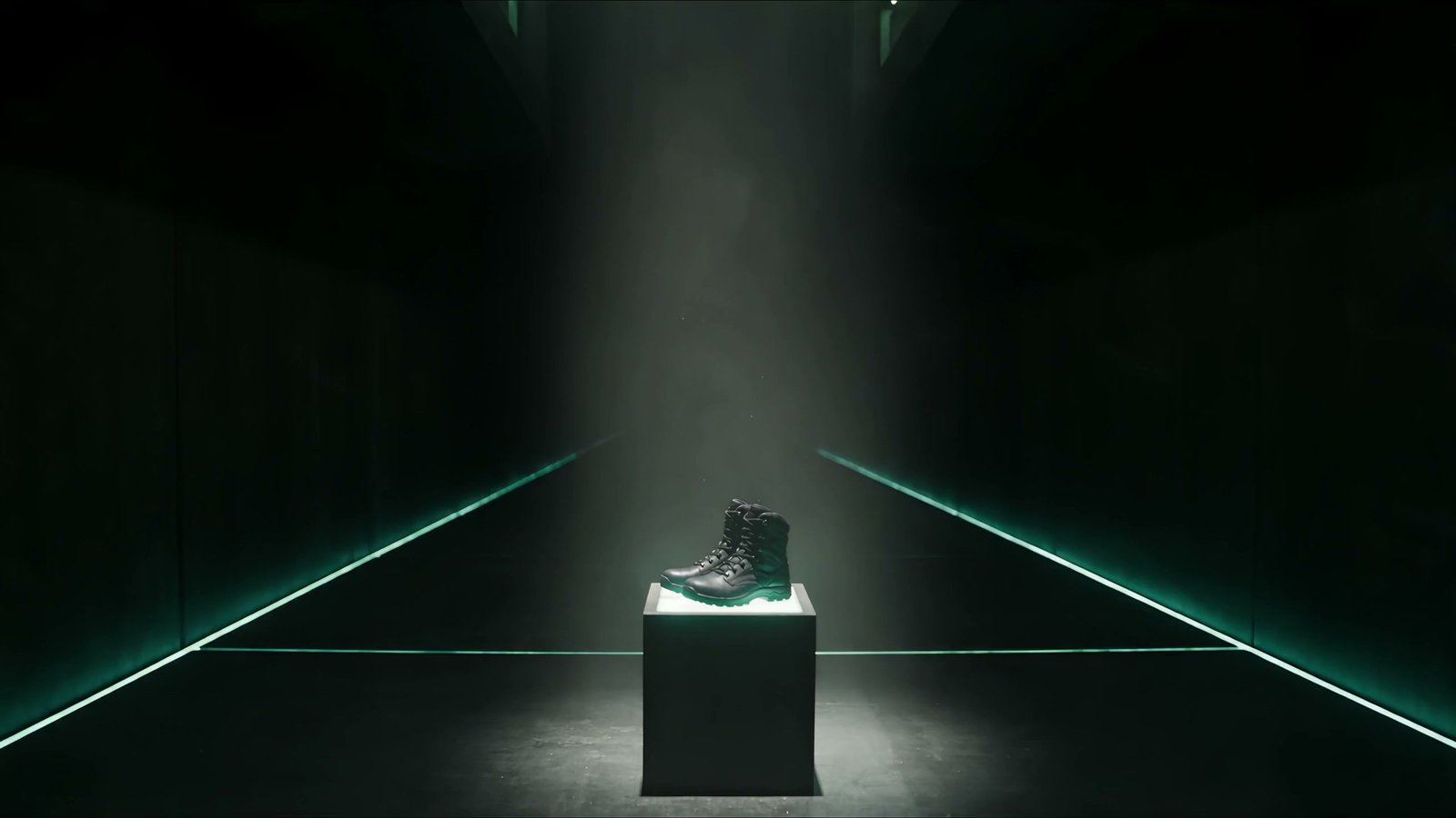 The ICC armory: a spotlit pedestal holding a pair of issued tactical boots