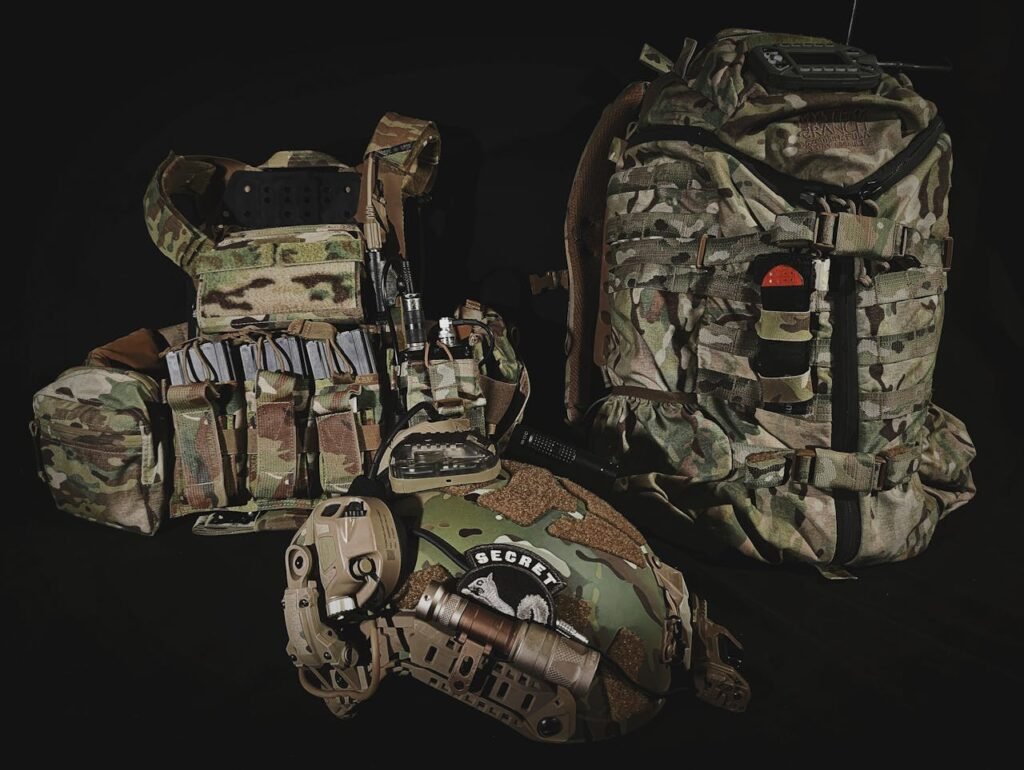 Comprehensive display of equipped tactical military gear, ready for operations.